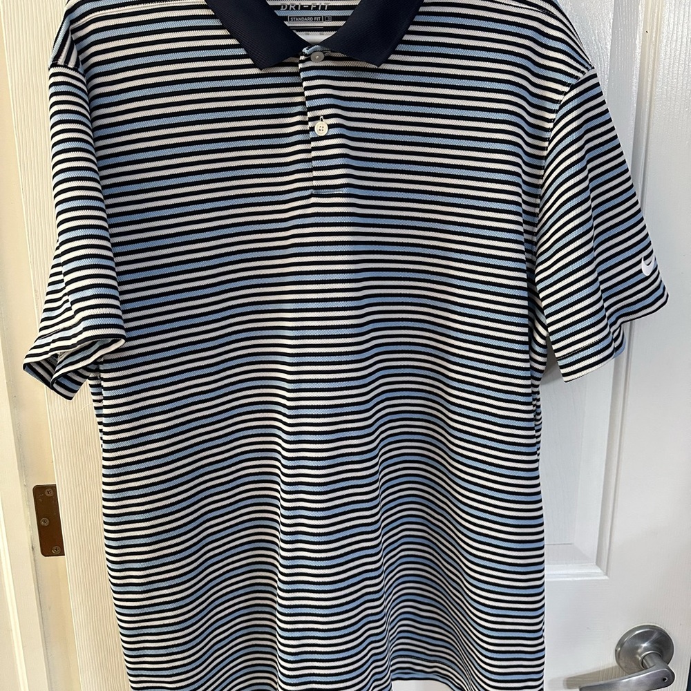 Nike Men's Navy and White XL Striped Polo Shirt standard fit EUC